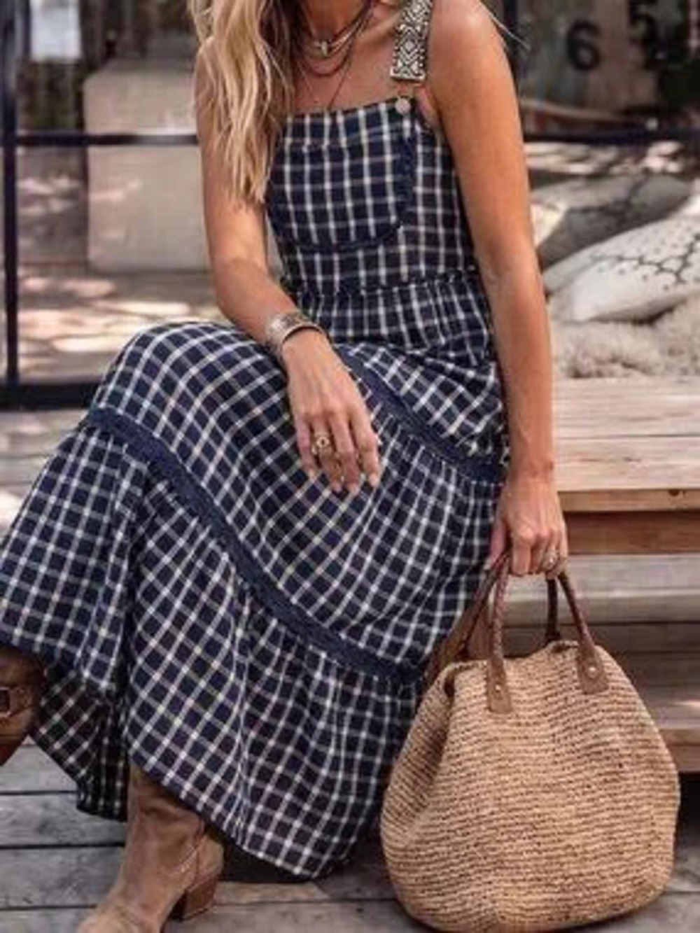 ZARA Navy Blue Casual Women's Plaid Adjustable Strap Tiered Midi Dress
